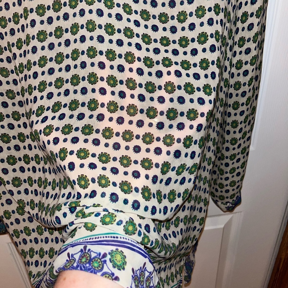 Soft Surroundings Green and Blue Sheer V Neck Floral Tunic Blouse - Picture 3 of 5